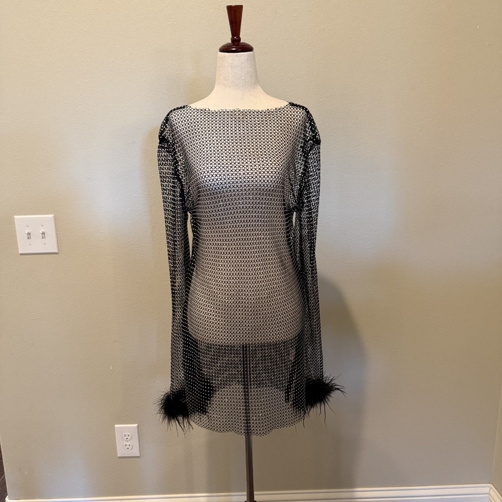 12th Tribe Mesh Rhinestone Feather Mini Dress Med Black Whimsigoth Sexy Club